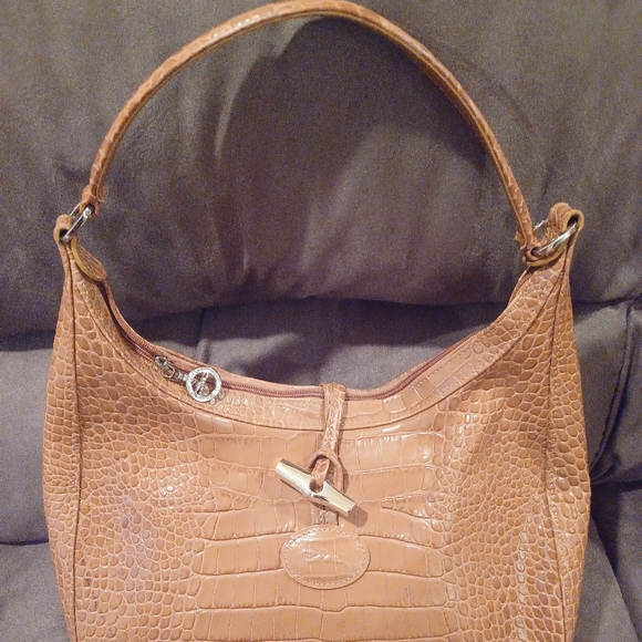 Longchamp Tan Croc Embossed Leather Handbag Shoulder Bag Purse Tote - Picture 9 of 9